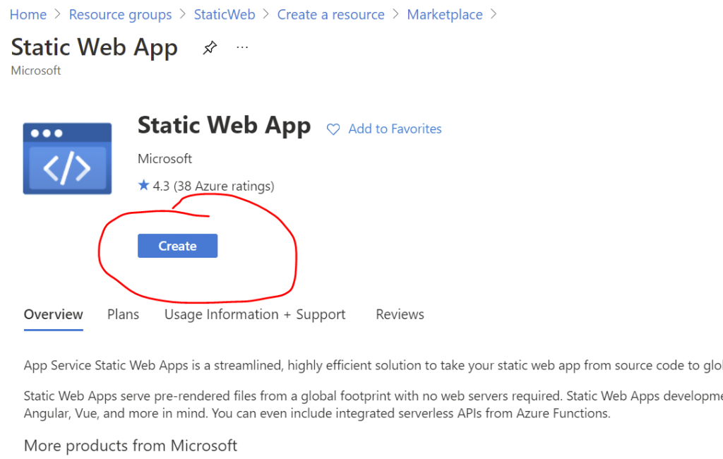 créer une static web app